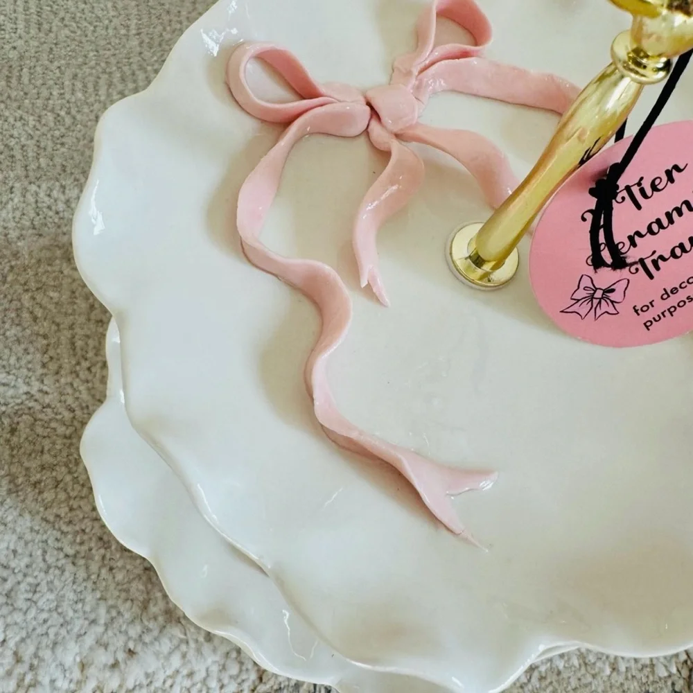 Pink Bow Two-Tier white Ceramic Tray with Gold accents